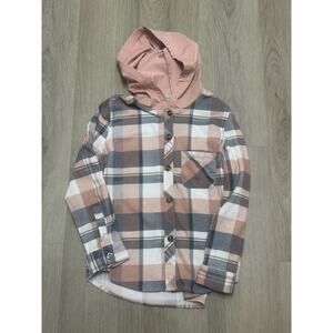 Passport GIRLS Pink Gray White Plaid Hooded Button-Up Long Sleeve Shirt L